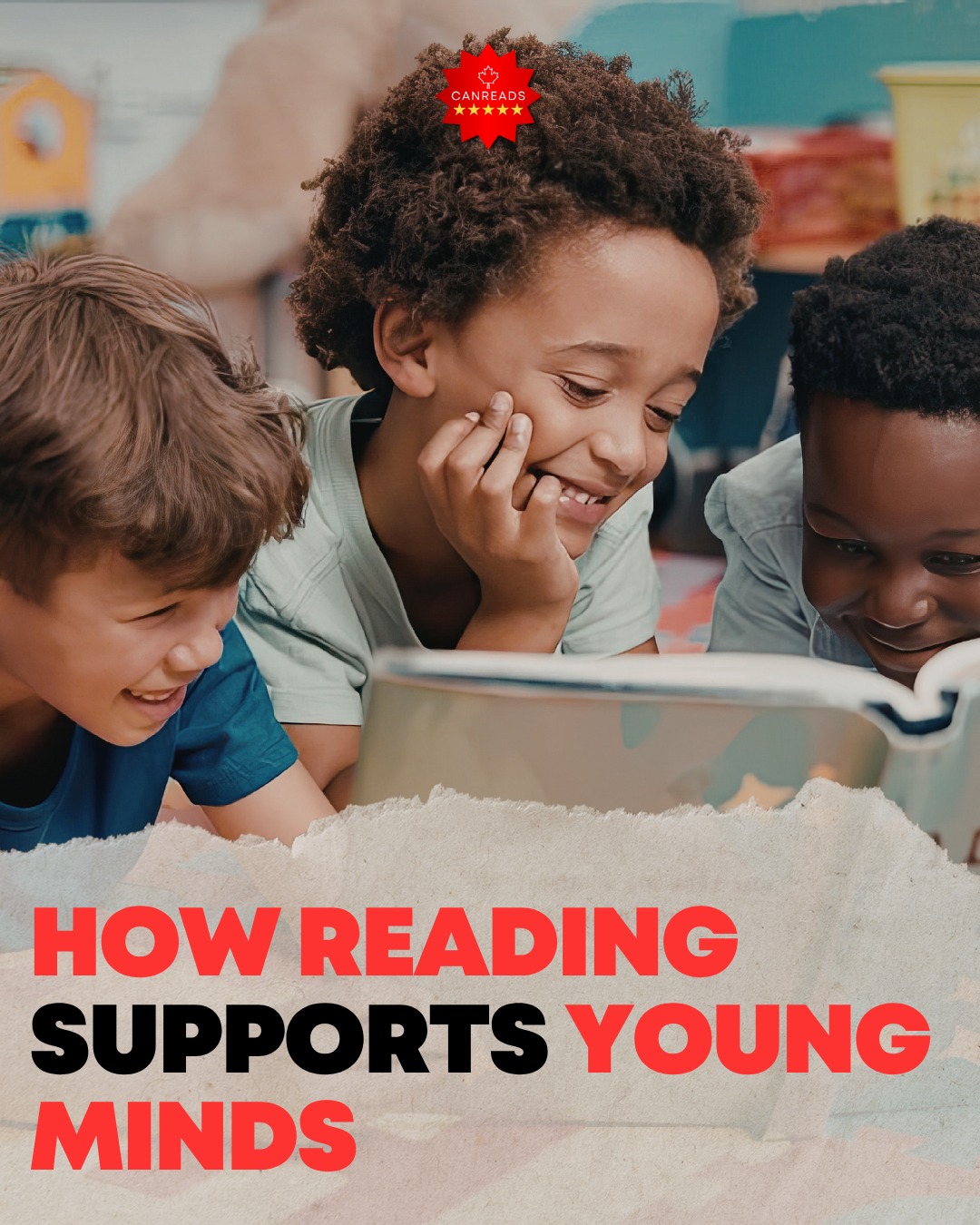 Three children reading together, with the heading How reading supports young minds.